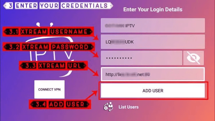 Xtream Codes inloggegevens invullen